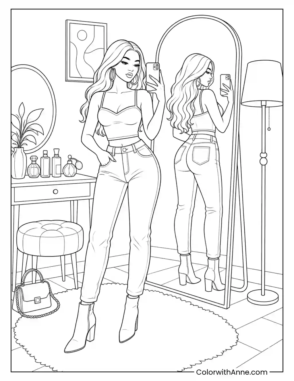 Baddie Taking a Mirror Selfie coloring page