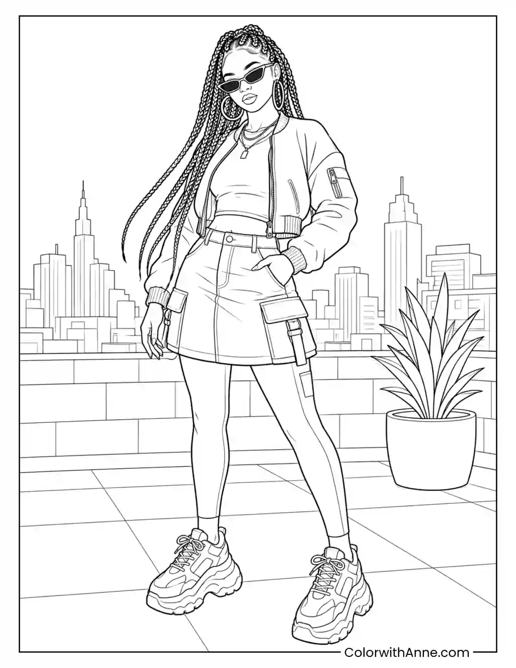 Baddie with Long Braids coloring page