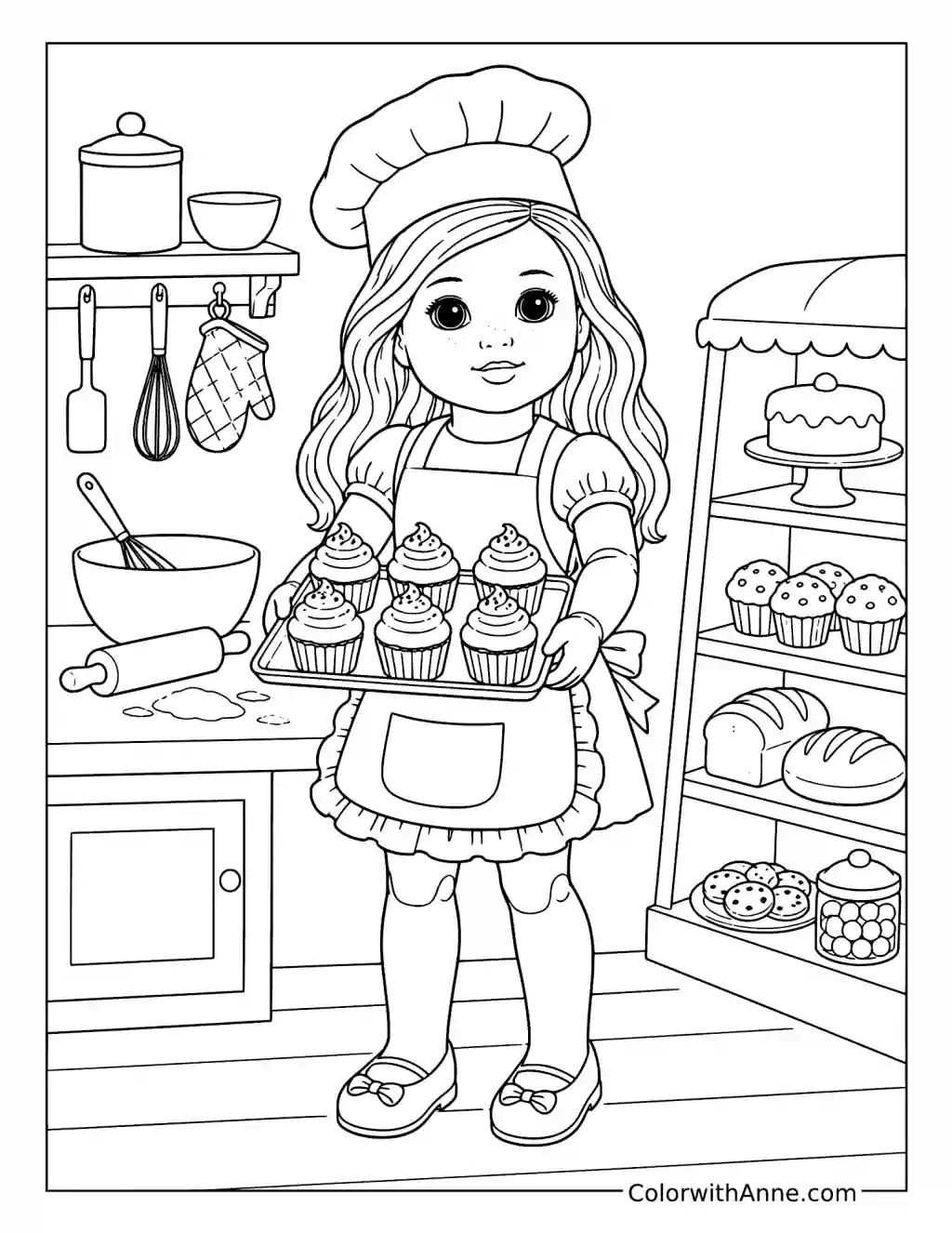 Baker Doll with Cupcakes coloring page