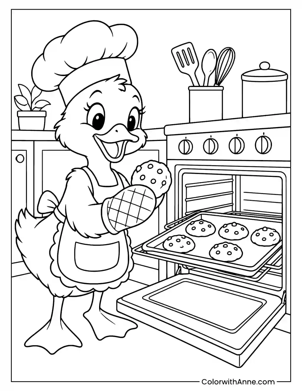 Baker Duck Taking Cookies from the Oven Coloring Page