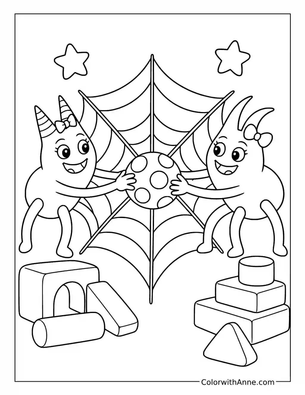 Banban and Banbaleena Playing with a Ball Beside a Web coloring page