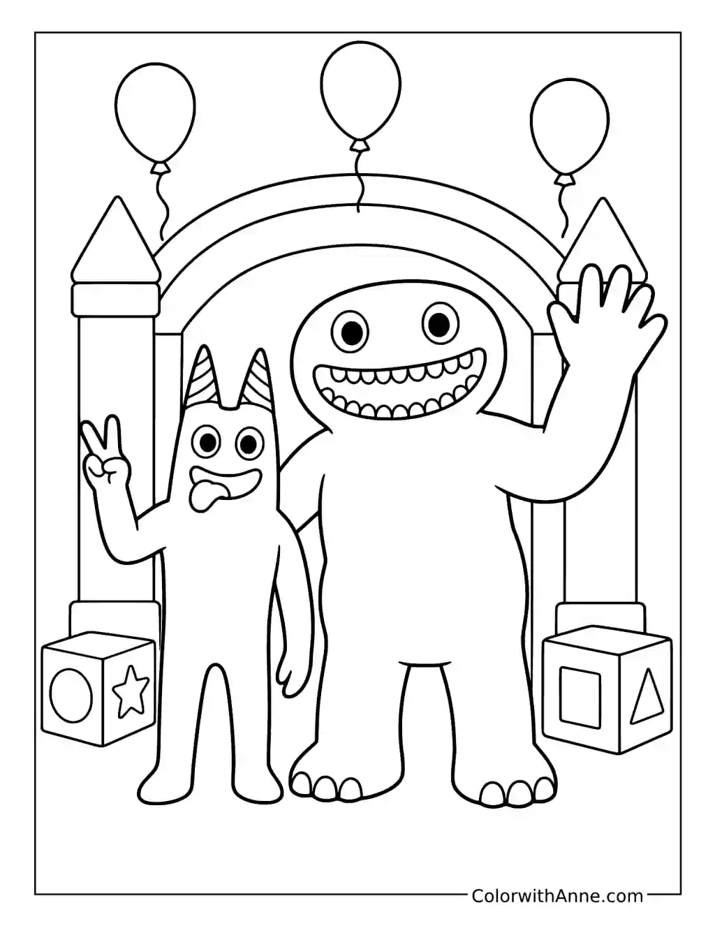 Banban and Jumbo Josh Waving Beneath a Rainbow coloring page