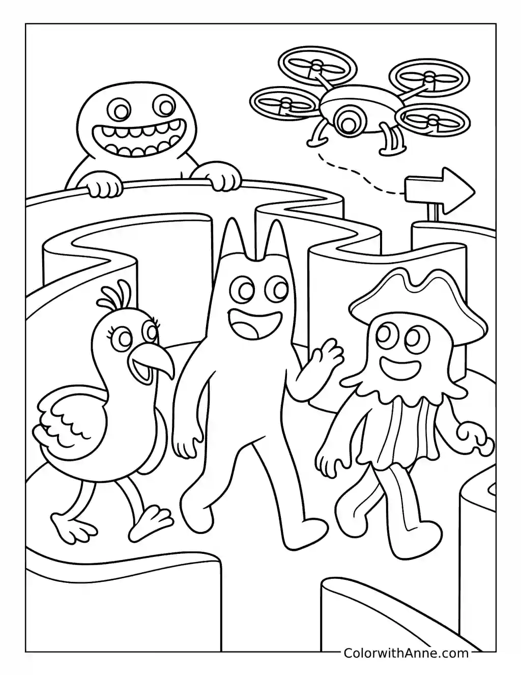 Banban and Opila Bird Exploring a Maze with Friends coloring page