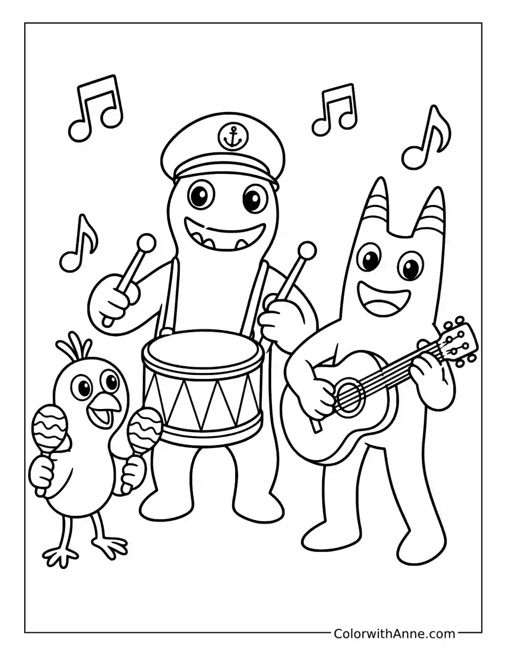 Banban and Opila Bird Playing Music with a Drummer coloring page