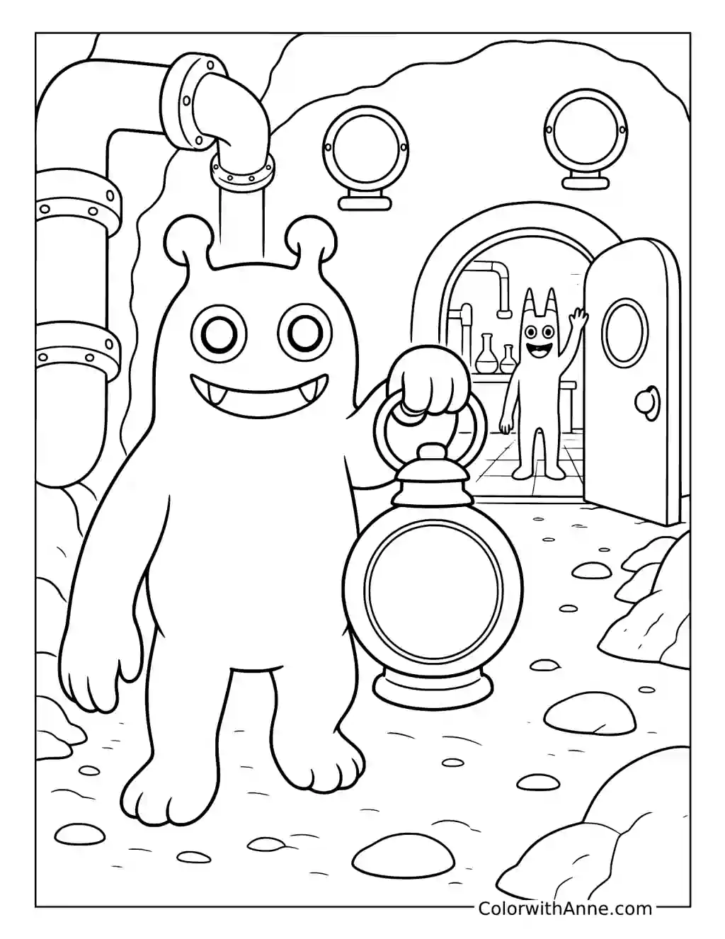 Banban Exploring Underground with a Lantern-Carrying Monster coloring page