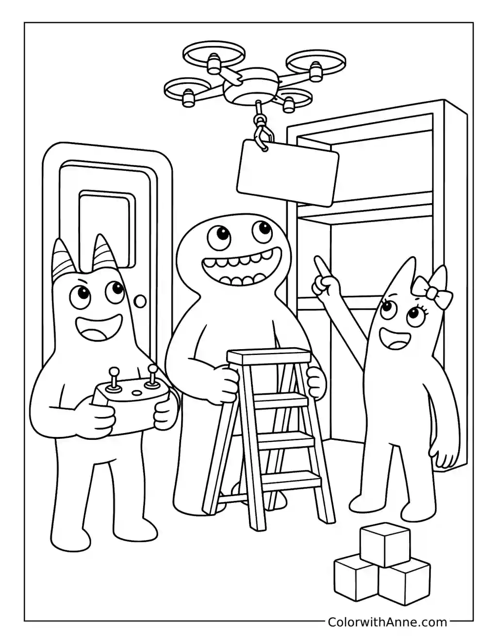 Banban Jumbo Josh and Banbaleena Retrieving a Keycard by Drone coloring page