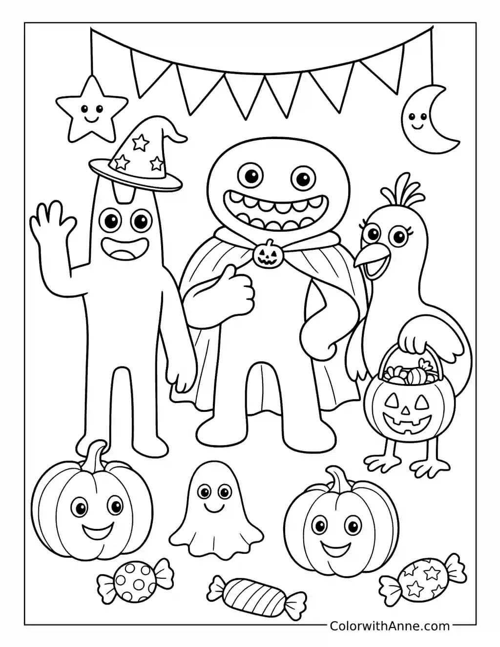 Banban Jumbo Josh and Opila Bird Celebrating Halloween coloring page