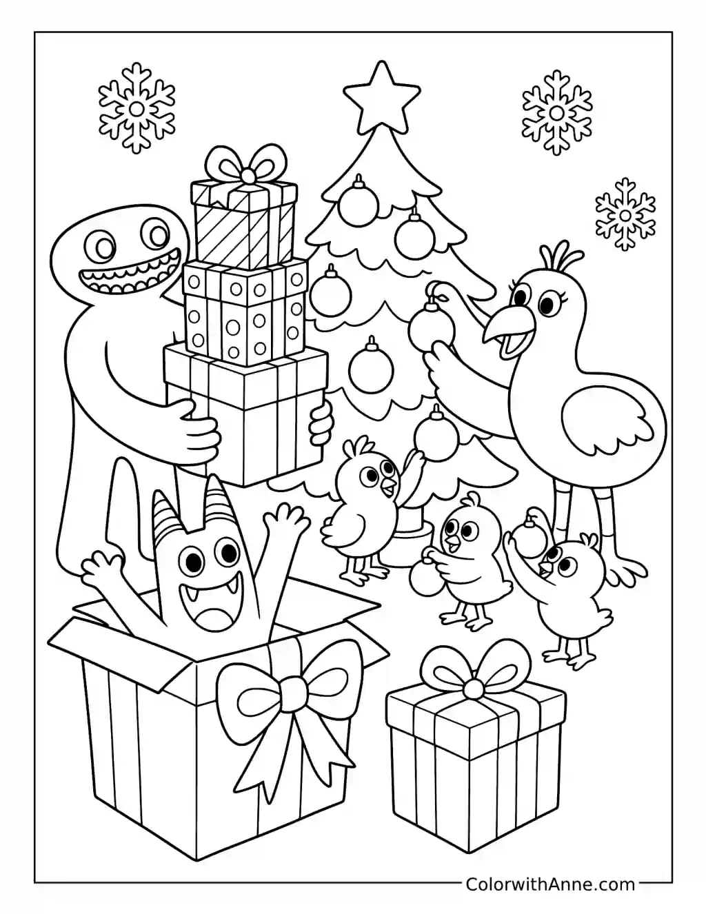 Banban Jumbo Josh and Opila Bird Opening Christmas Gifts coloring page