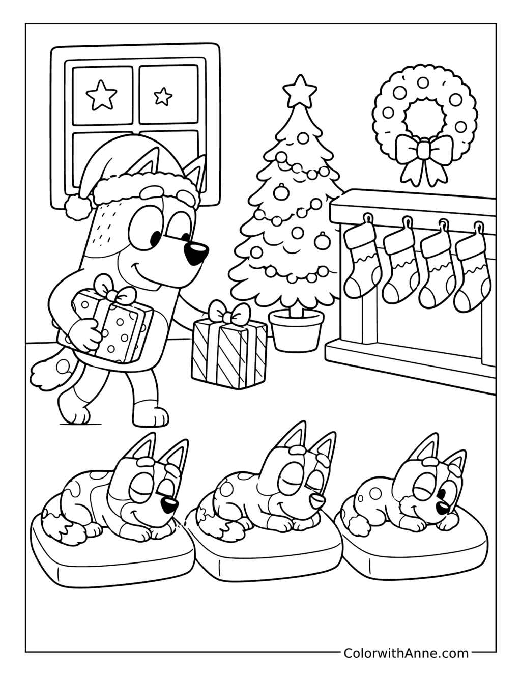 Bandit Delivering Christmas Gifts to Sleeping Puppies coloring page