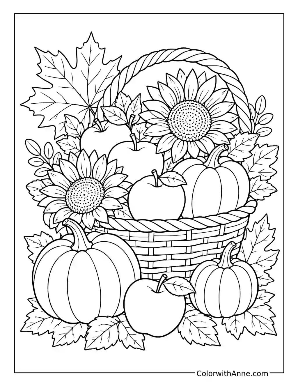 Basket of Autumn Fruits and Flowers coloring page