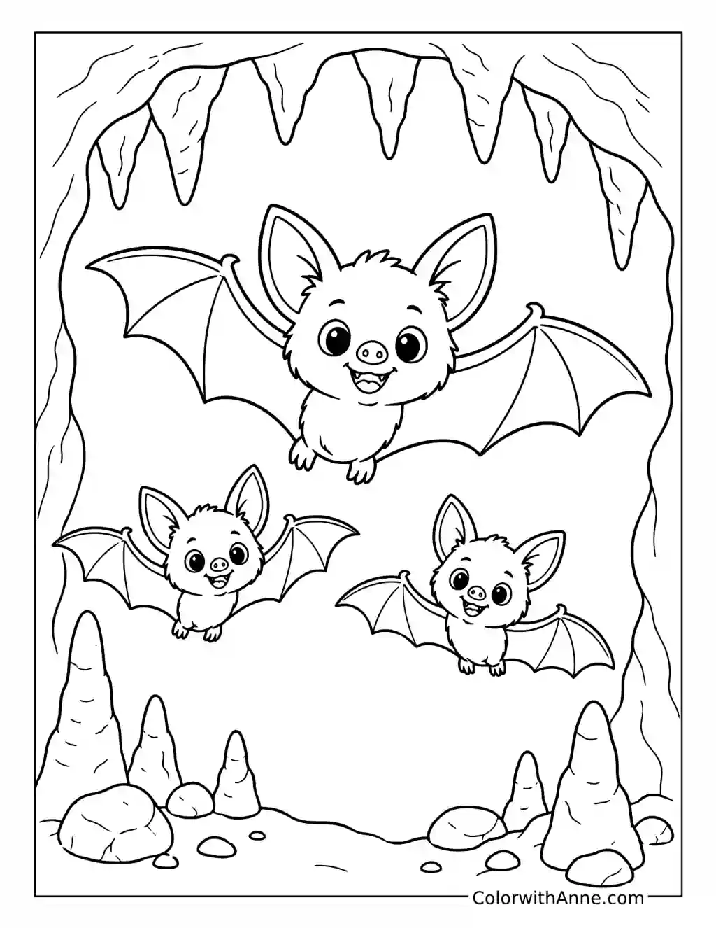 Bat Family Flying through a Cave coloring page