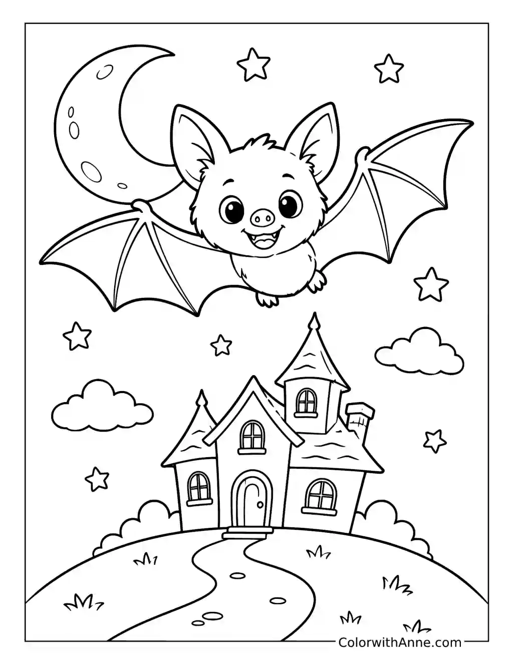 Bat Flying above a Haunted House coloring page