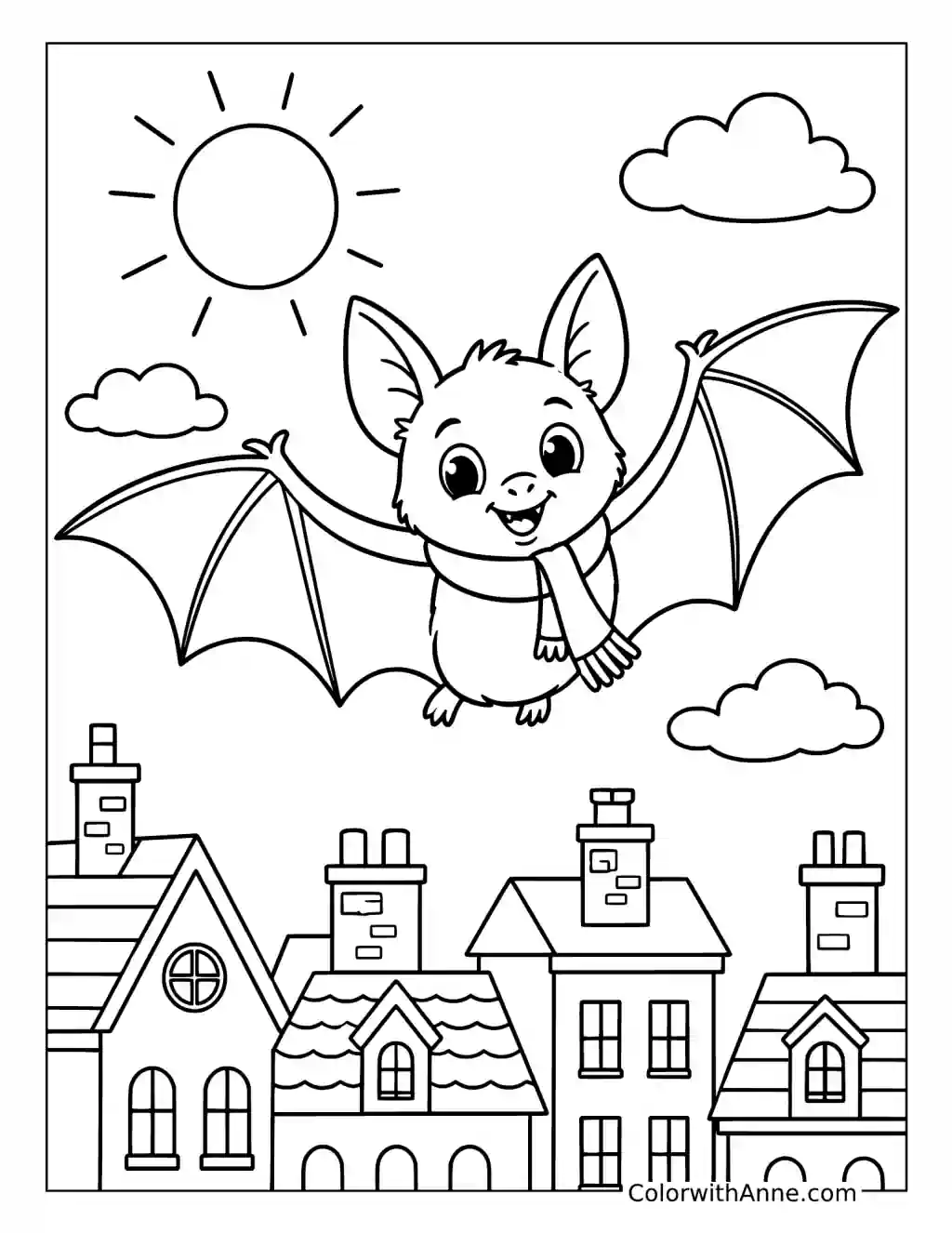 Bat Wearing a Scarf above Village Rooftops coloring page
