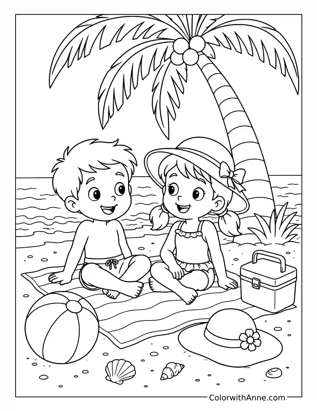 Beach Day Under a Palm Tree coloring page