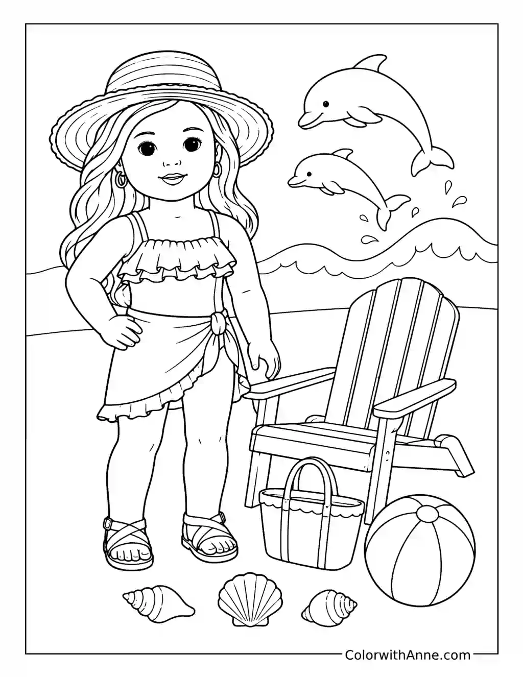 Beach Doll with Dolphins coloring page
