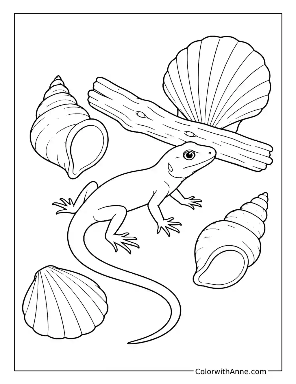 Beach Lizard Among Seashells coloring page