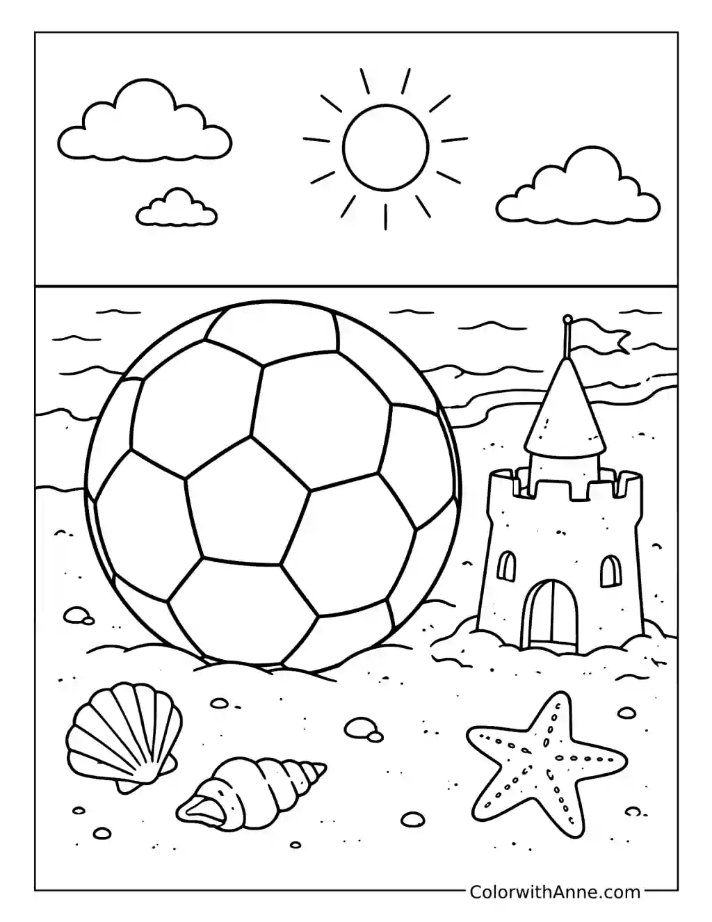 Beach Soccer Ball and Sandcastle coloring page