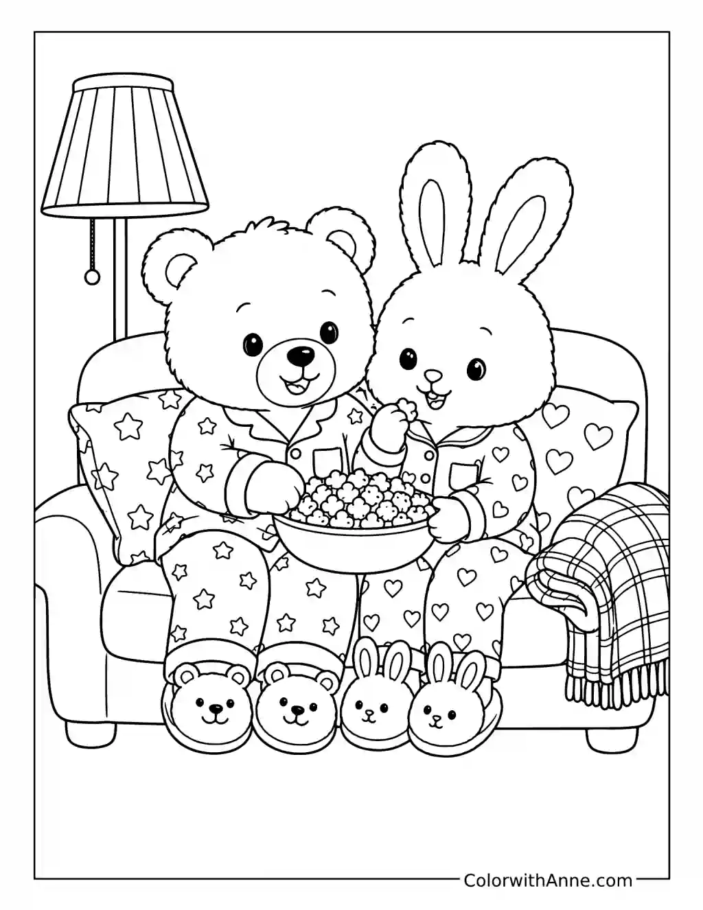 Bear and Bunny Cozy Movie Night coloring page