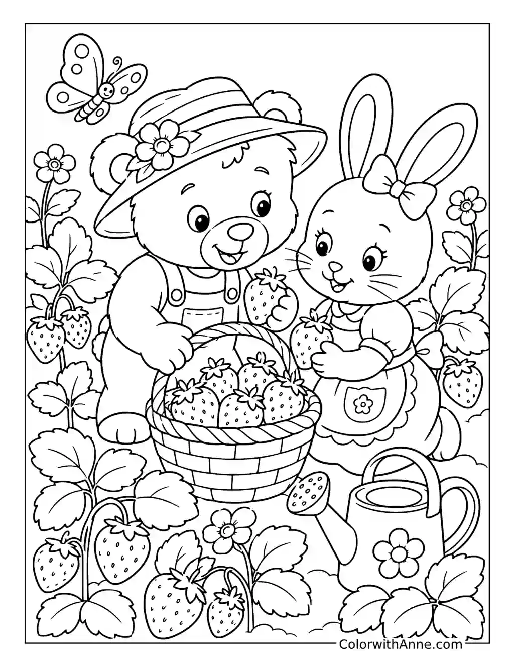 Bear and Bunny Strawberry Picking coloring page