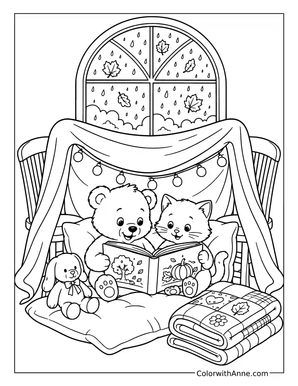 Bear and Cat Reading Inside an Autumn Blanket Fort coloring page