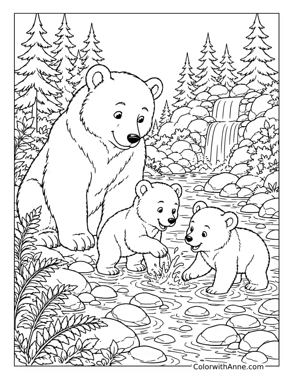 Bear Family by a Forest Stream coloring page