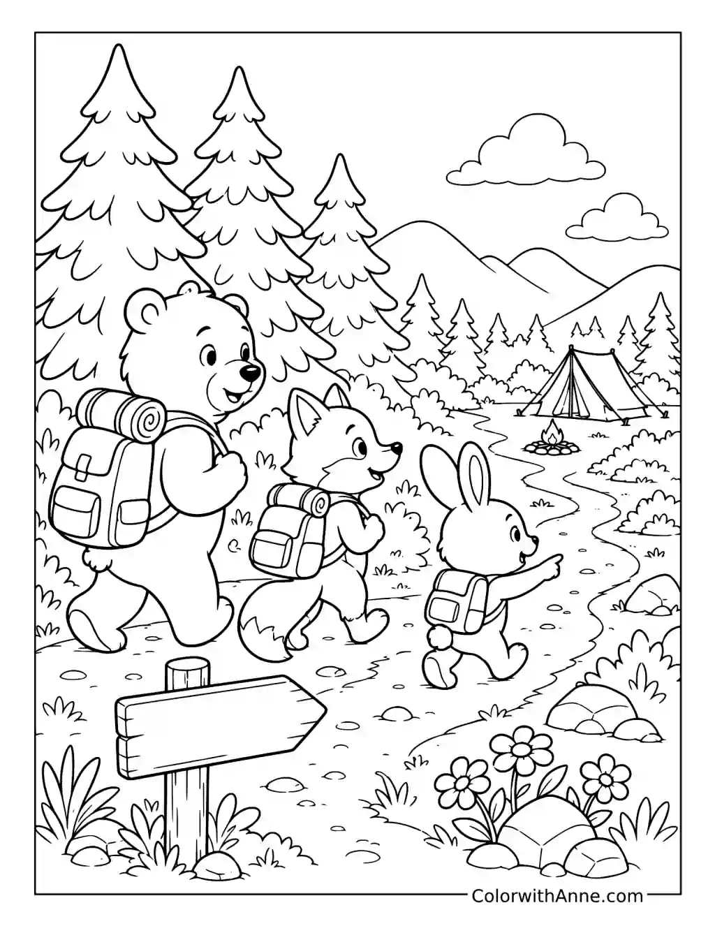 Bear, Fox, and Rabbit Hike to Camp coloring page