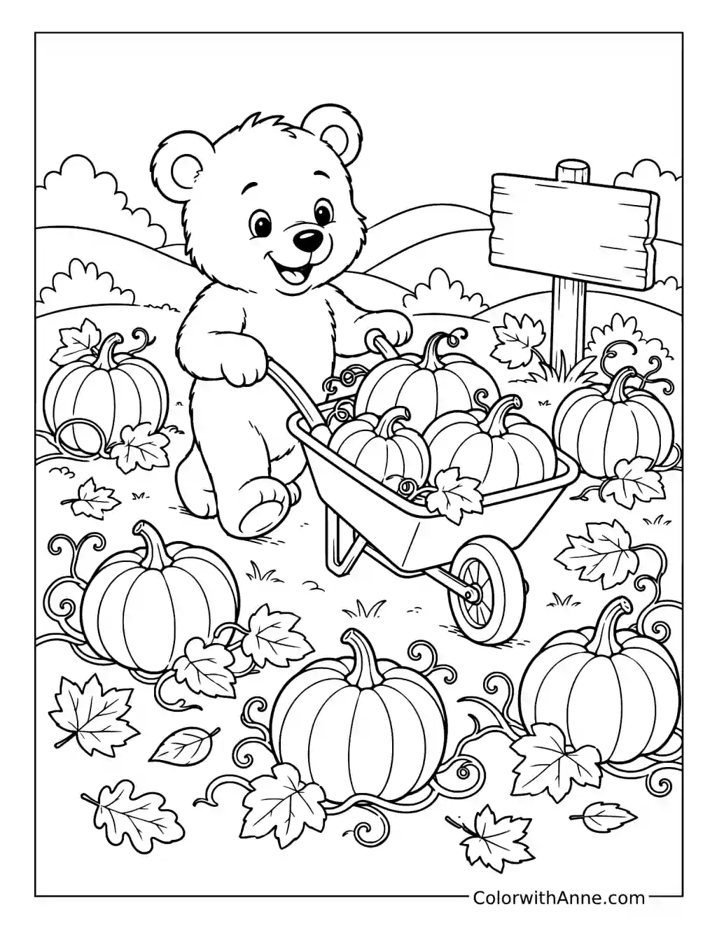 Bear Gathering Pumpkins in a Wheelbarrow coloring page
