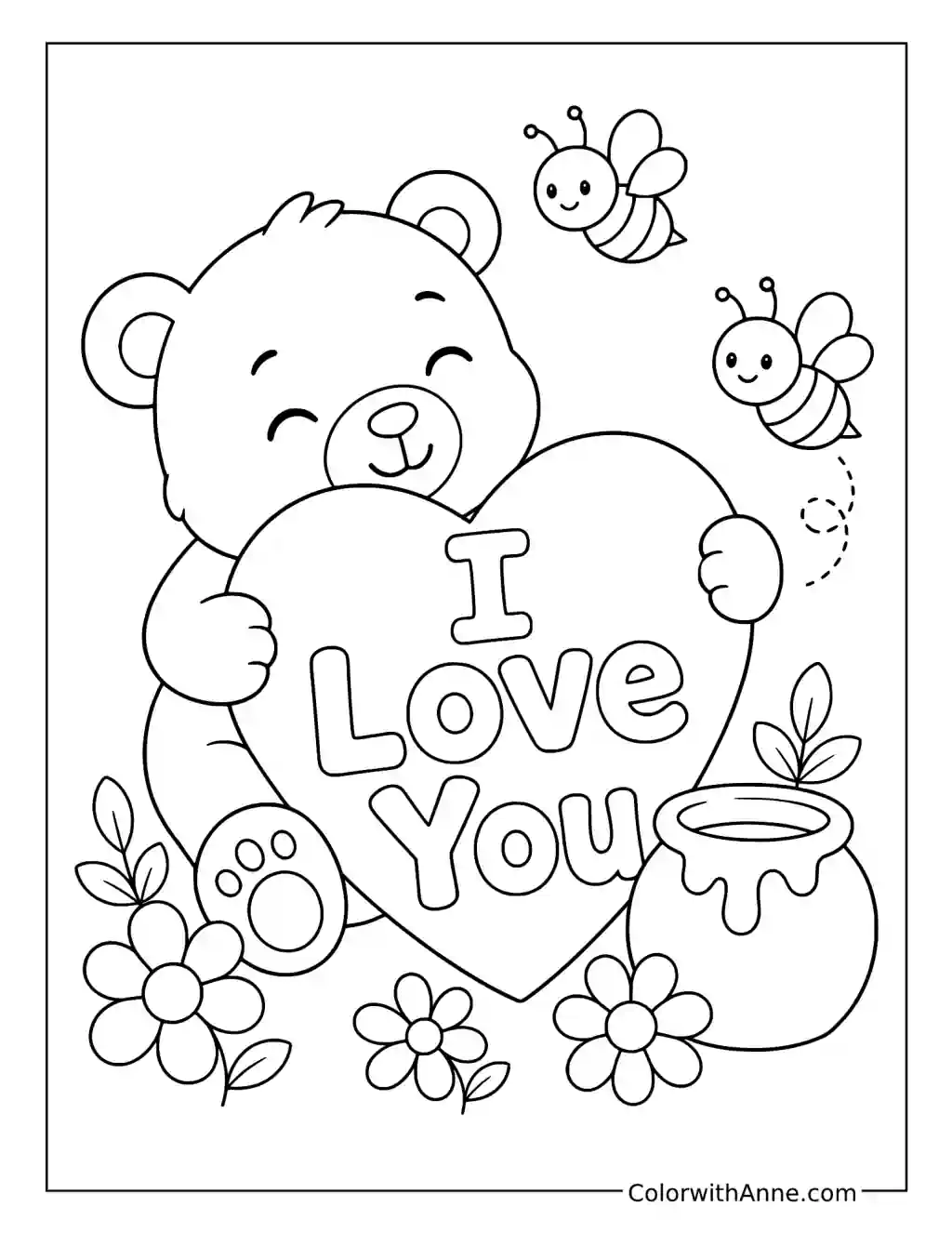 Bear Holding an I Love You Heart with Bees coloring page