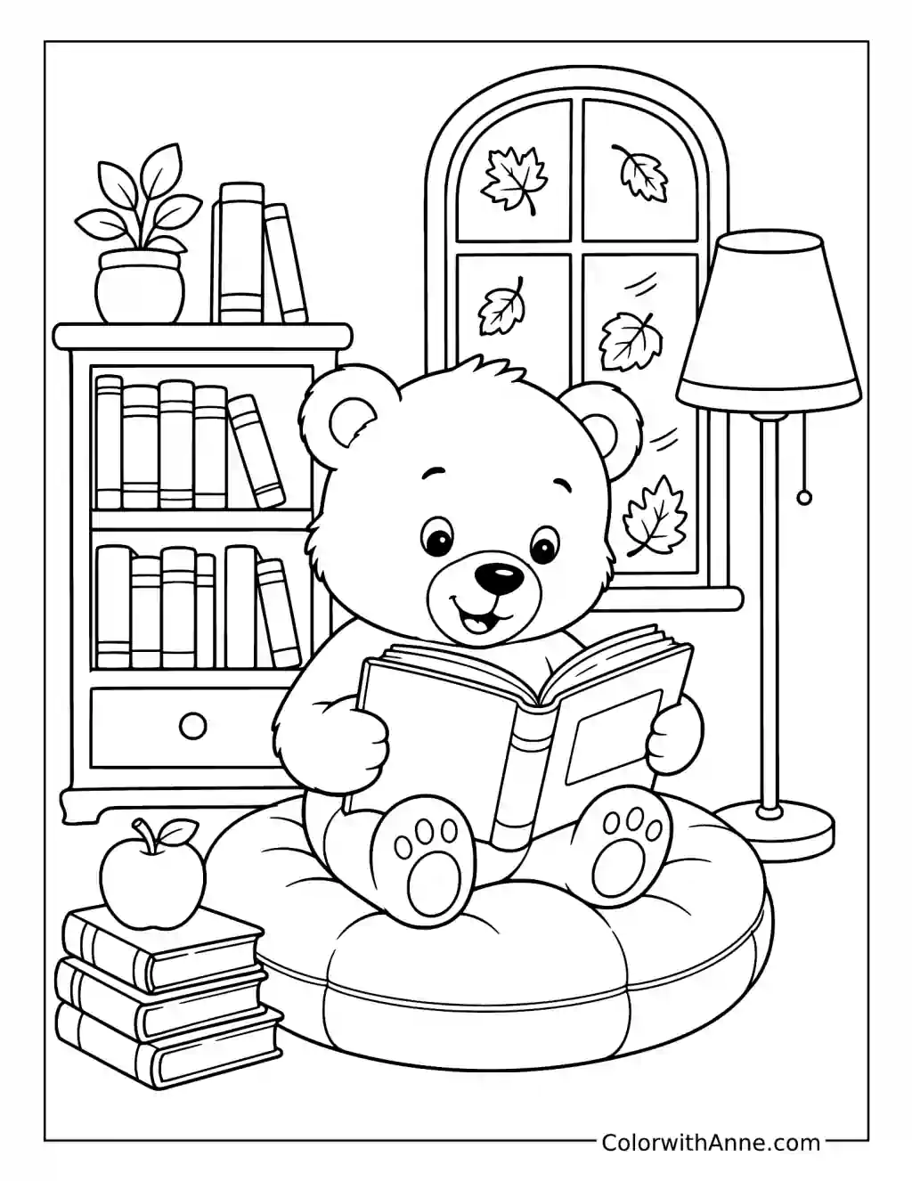 Bear Reading Beside an Autumn Window coloring page