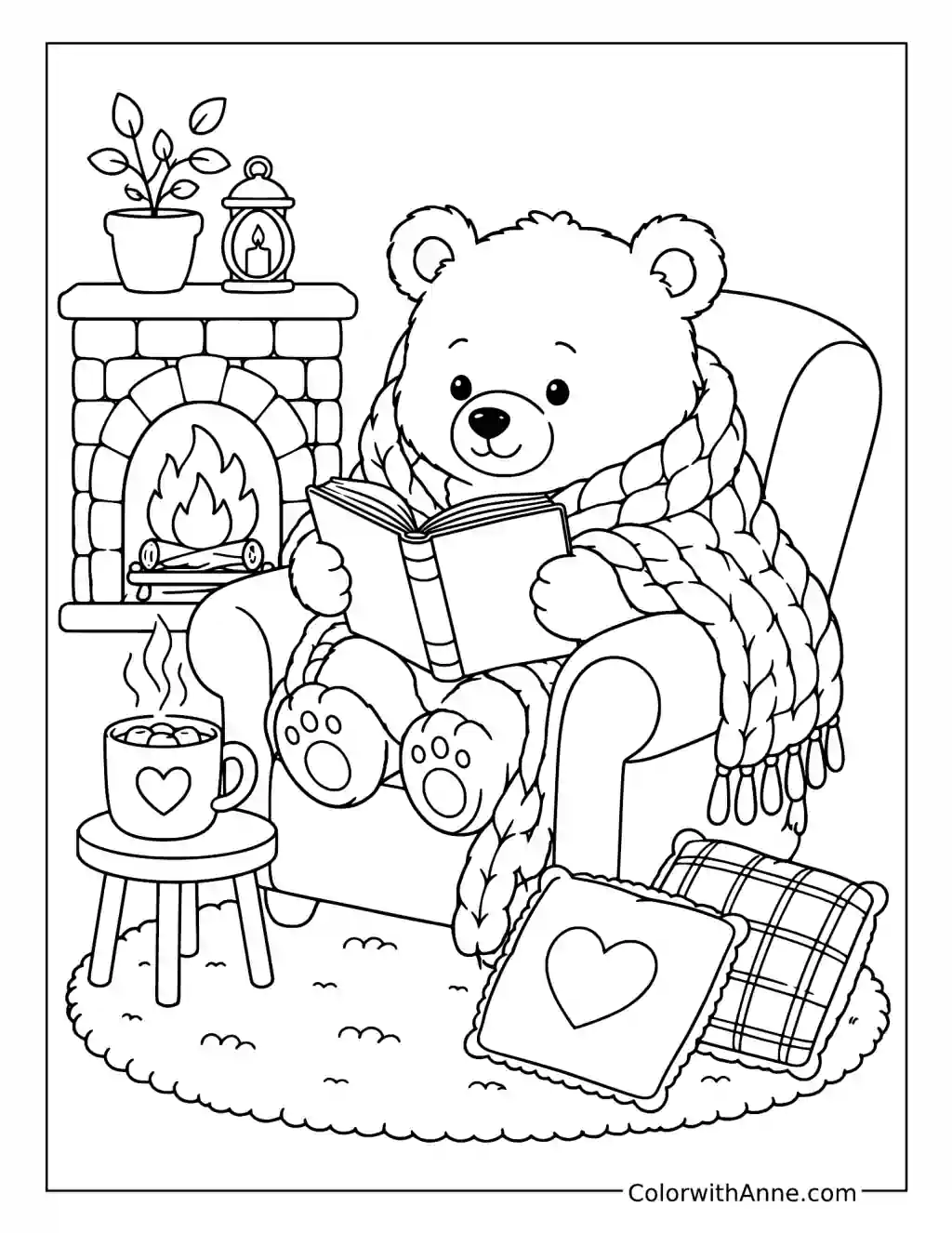 Bear Reading by the Fireplace coloring page