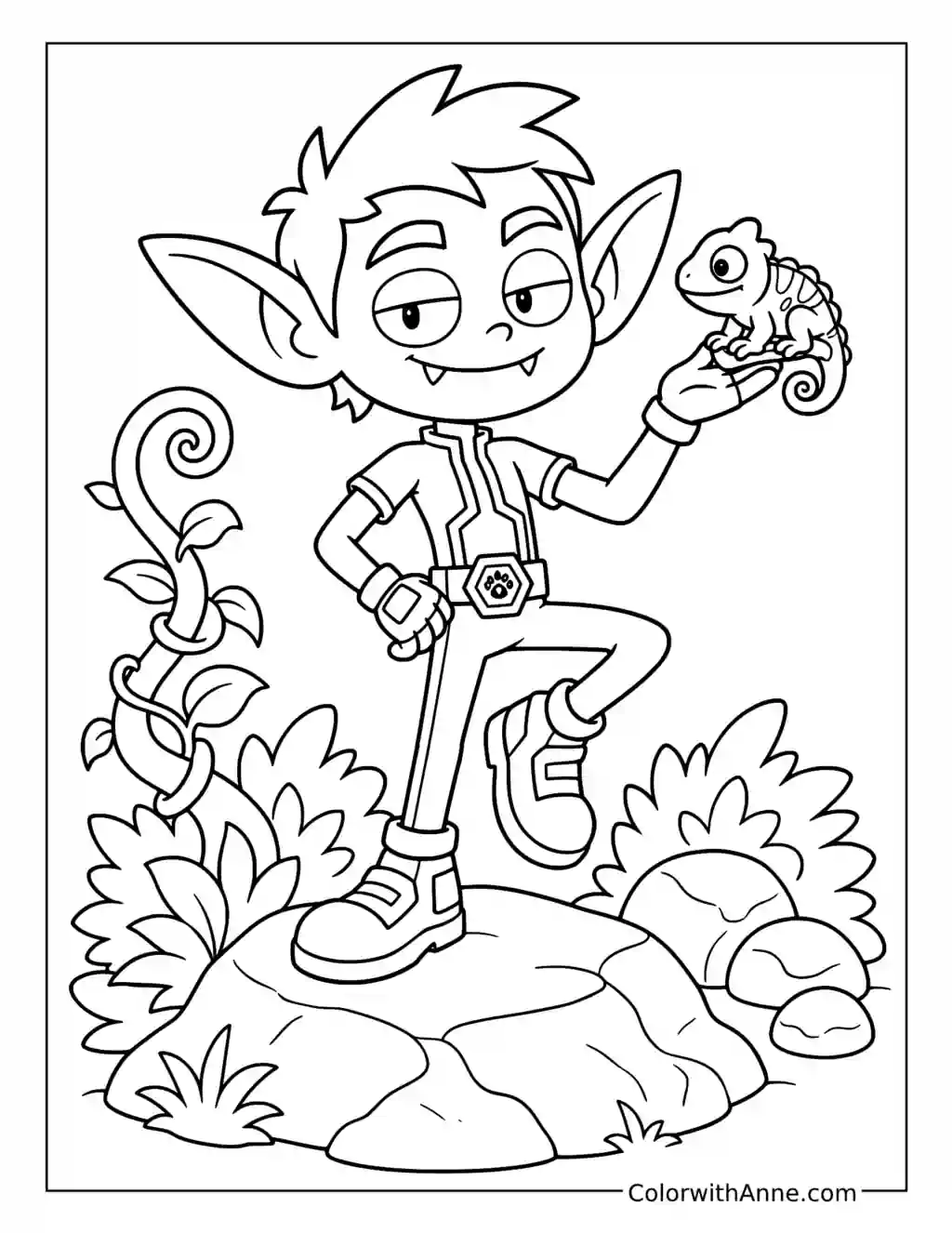 Beast Boy Holds a Chameleon in the Forest Coloring Page
