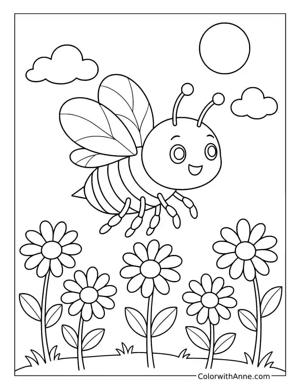 Bee Above Five Flowers in the Sunshine coloring page
