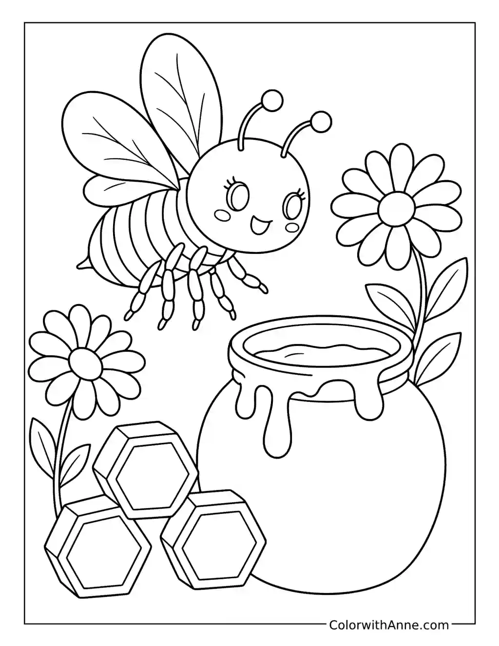 Bee Beside a Honey Jar and Honeycomb coloring page