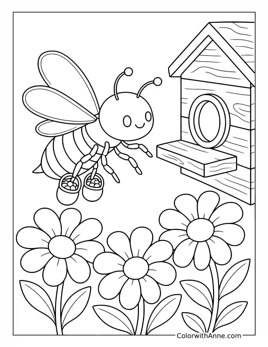 Bee Carrying Two Containers Near a Wooden Hive coloring page