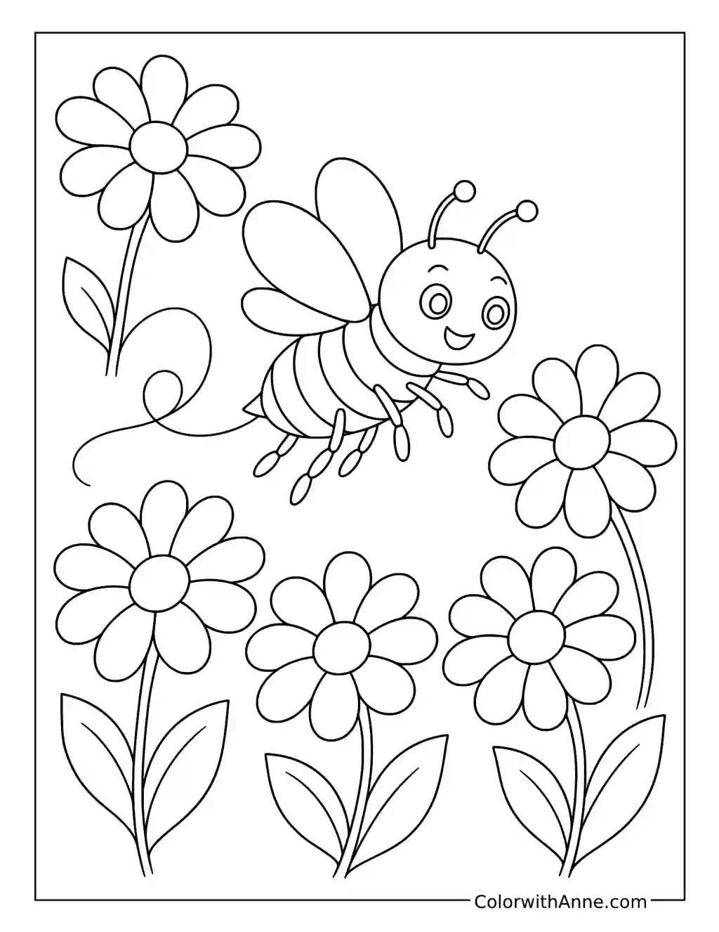 Bee Flying Between Five Flowers coloring page