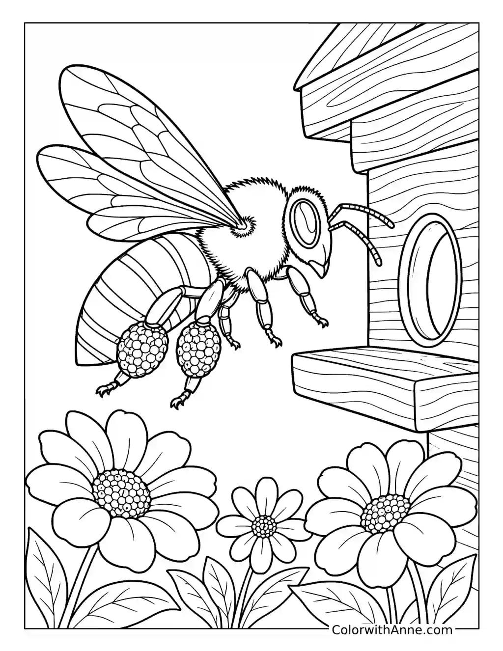 Bee Flying Toward a Wooden Hive coloring page