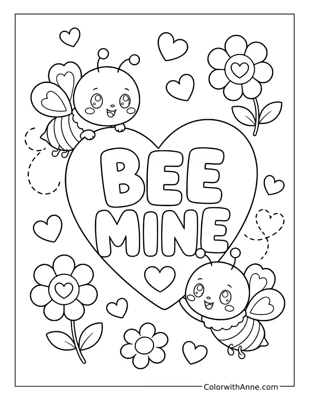 Bee Mine Heart with Bees and Flowers coloring page
