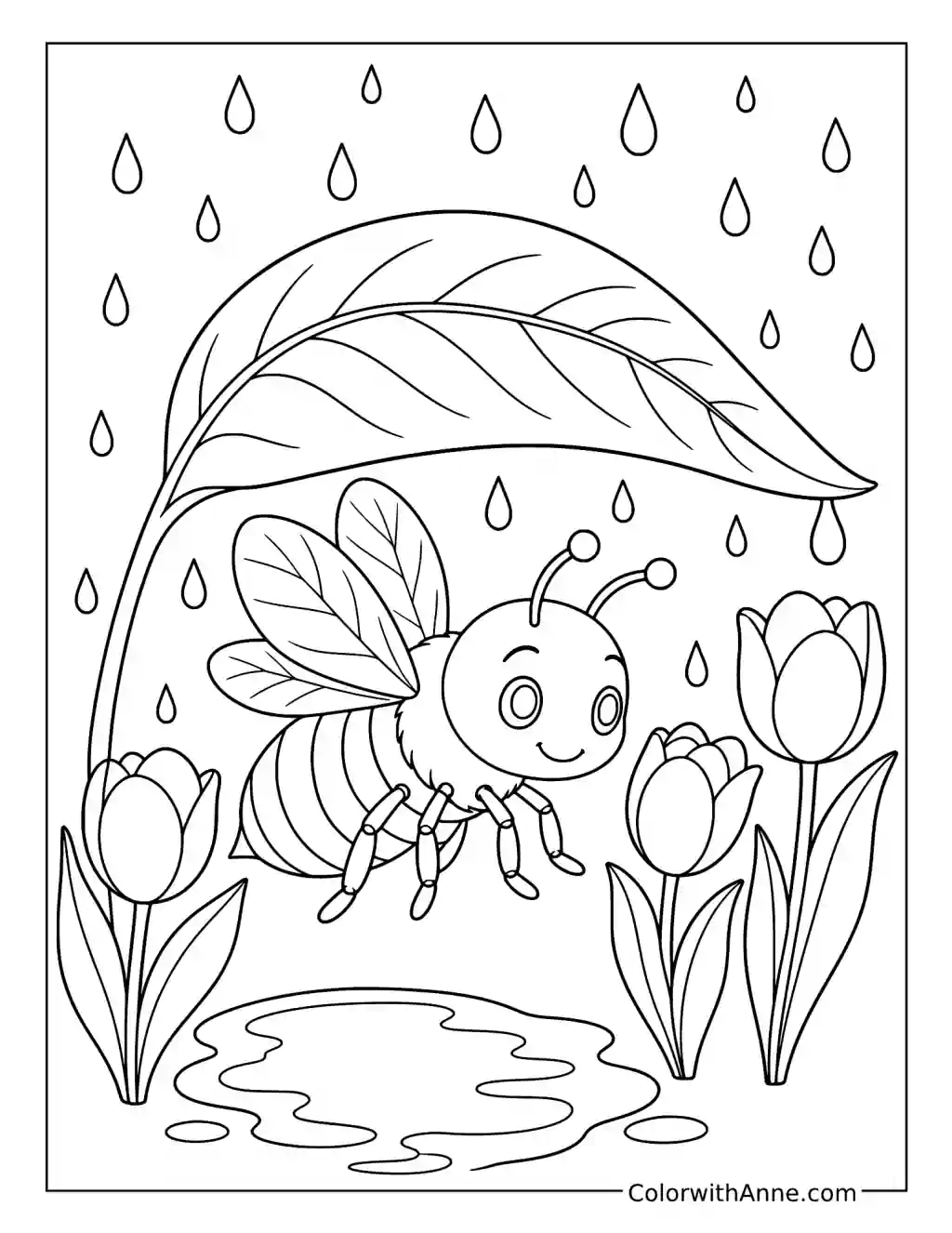 Bee Sheltering Under a Leaf in the Rain coloring page