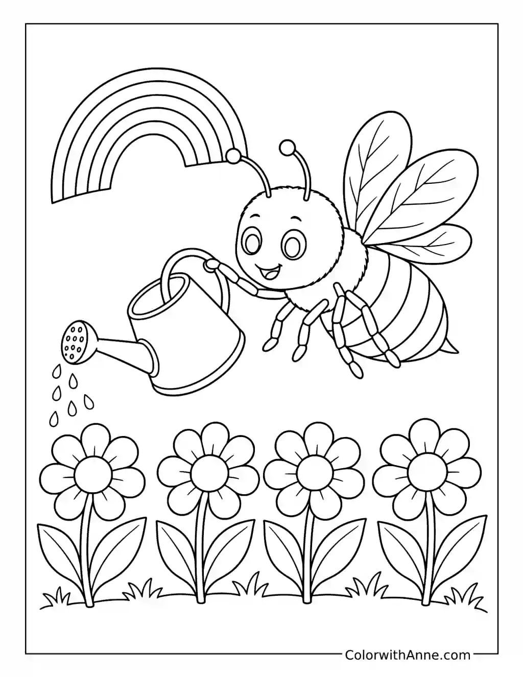 Bee Watering Flowers Under a Rainbow coloring page