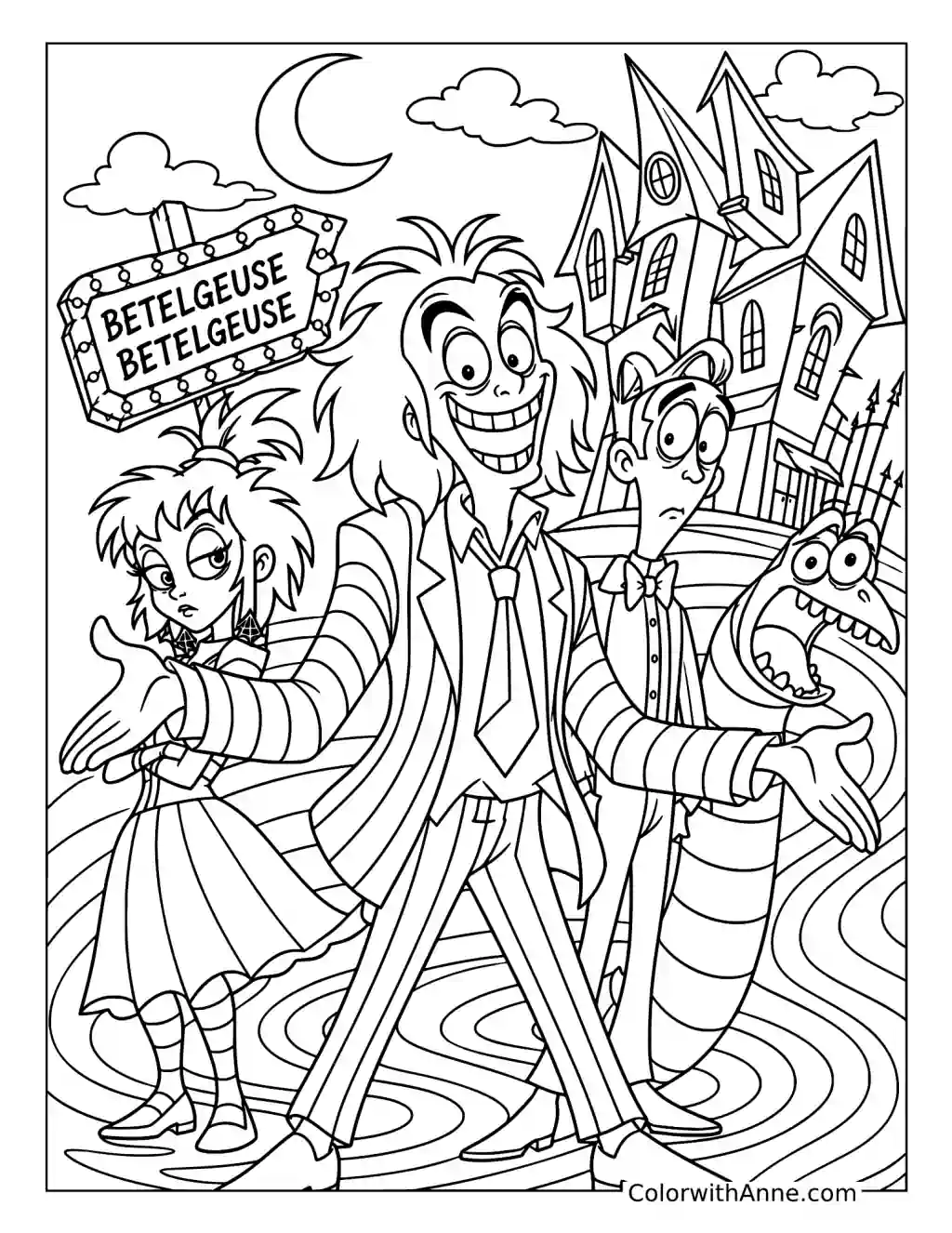 Beetlejuice and Company outside a Crooked House coloring page