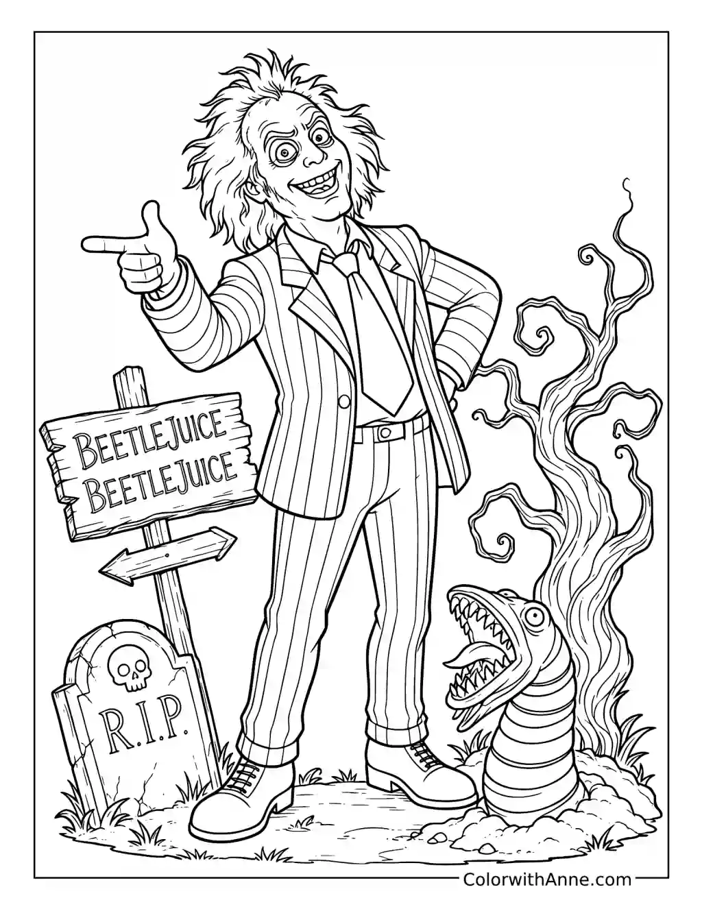 Beetlejuice Pointing beside a Sandworm coloring page