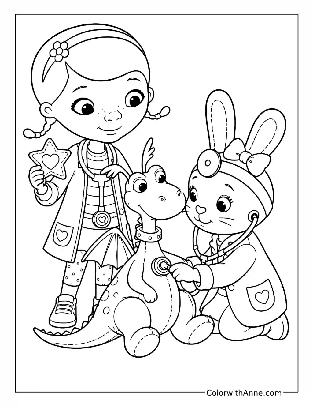 Bella Checks Stuffy with Doc coloring page