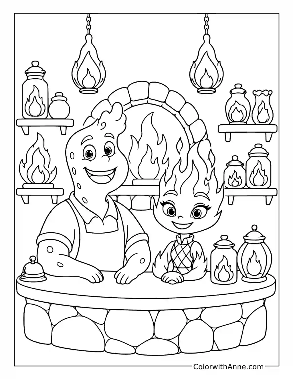 Bernie and Cinder at the Fireplace coloring page