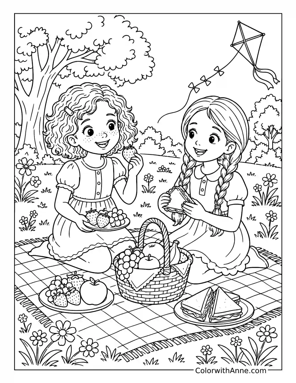 Best Friends at a Park Picnic coloring page