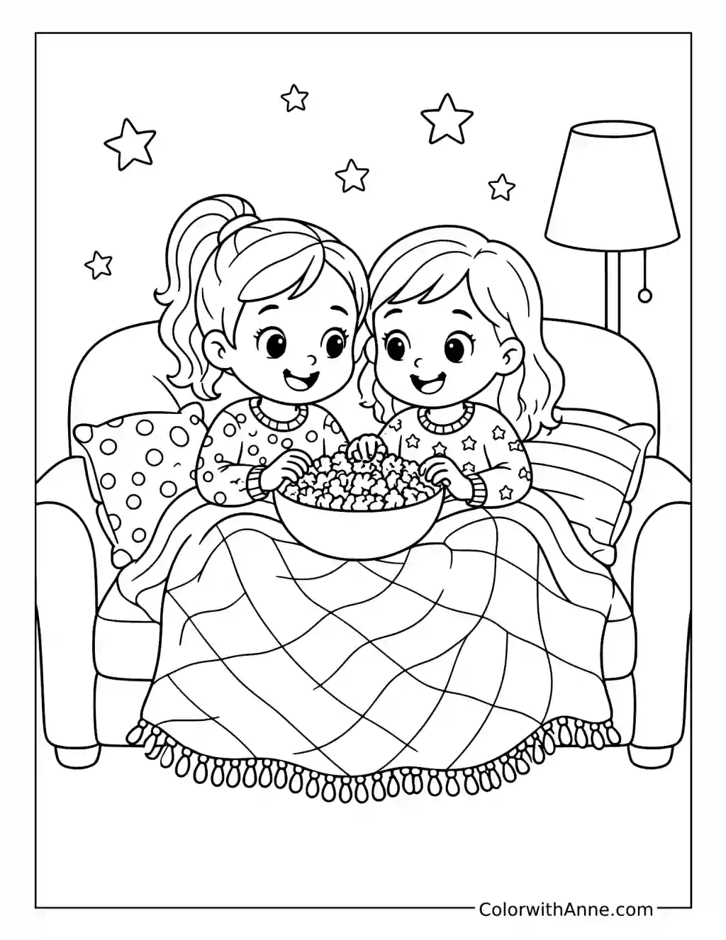 Best Friends Cozy Movie Night coloring page