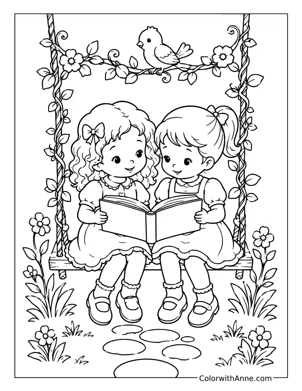 Best Friends Share a Storybook Swing coloring page