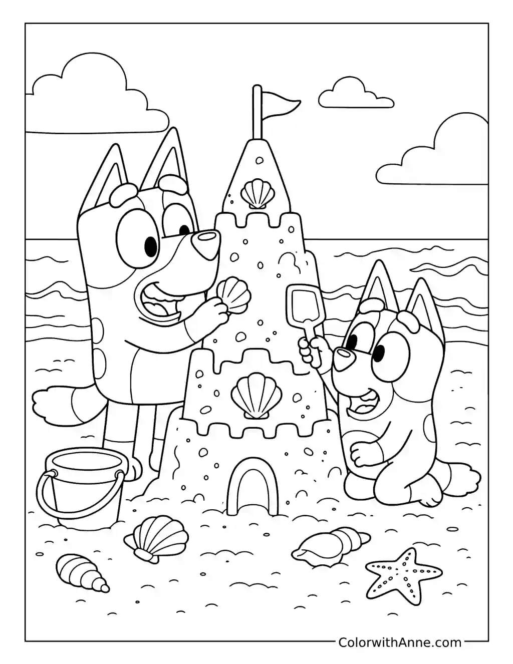 Bingo and Bluey Building a Sandcastle at the Beach coloring page