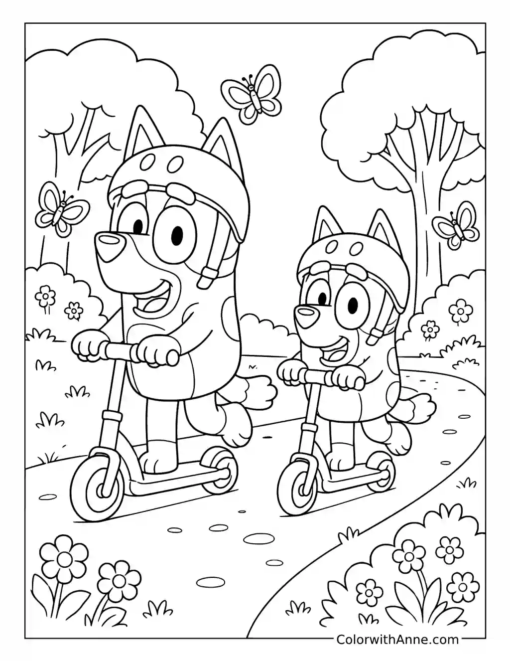 Bingo and Bluey Riding Scooters in the Park coloring page