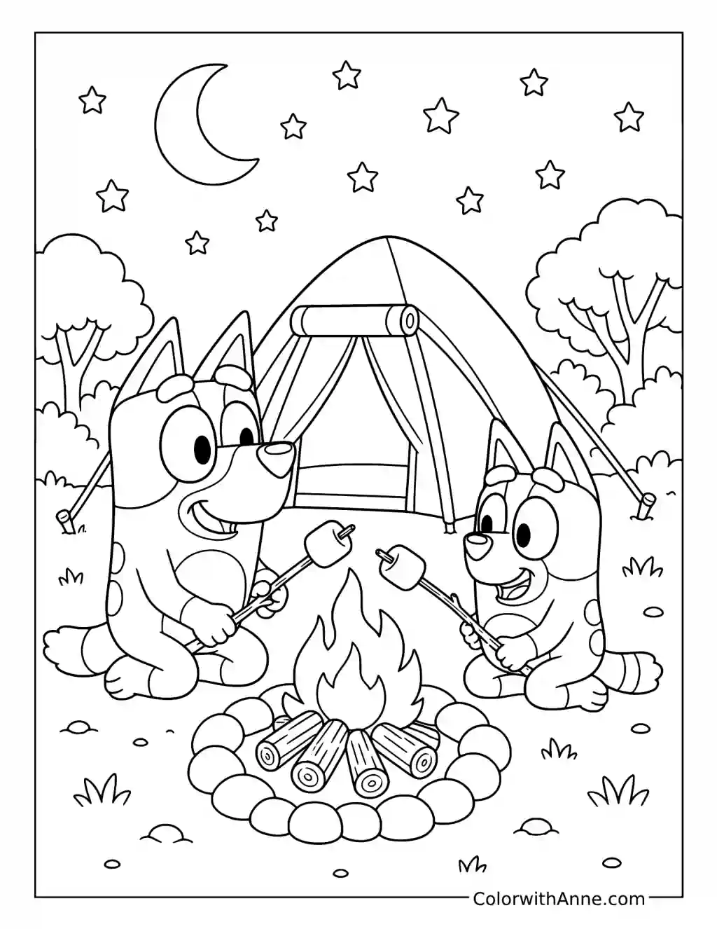 Bingo and Bluey Roasting Marshmallows at Camp coloring page