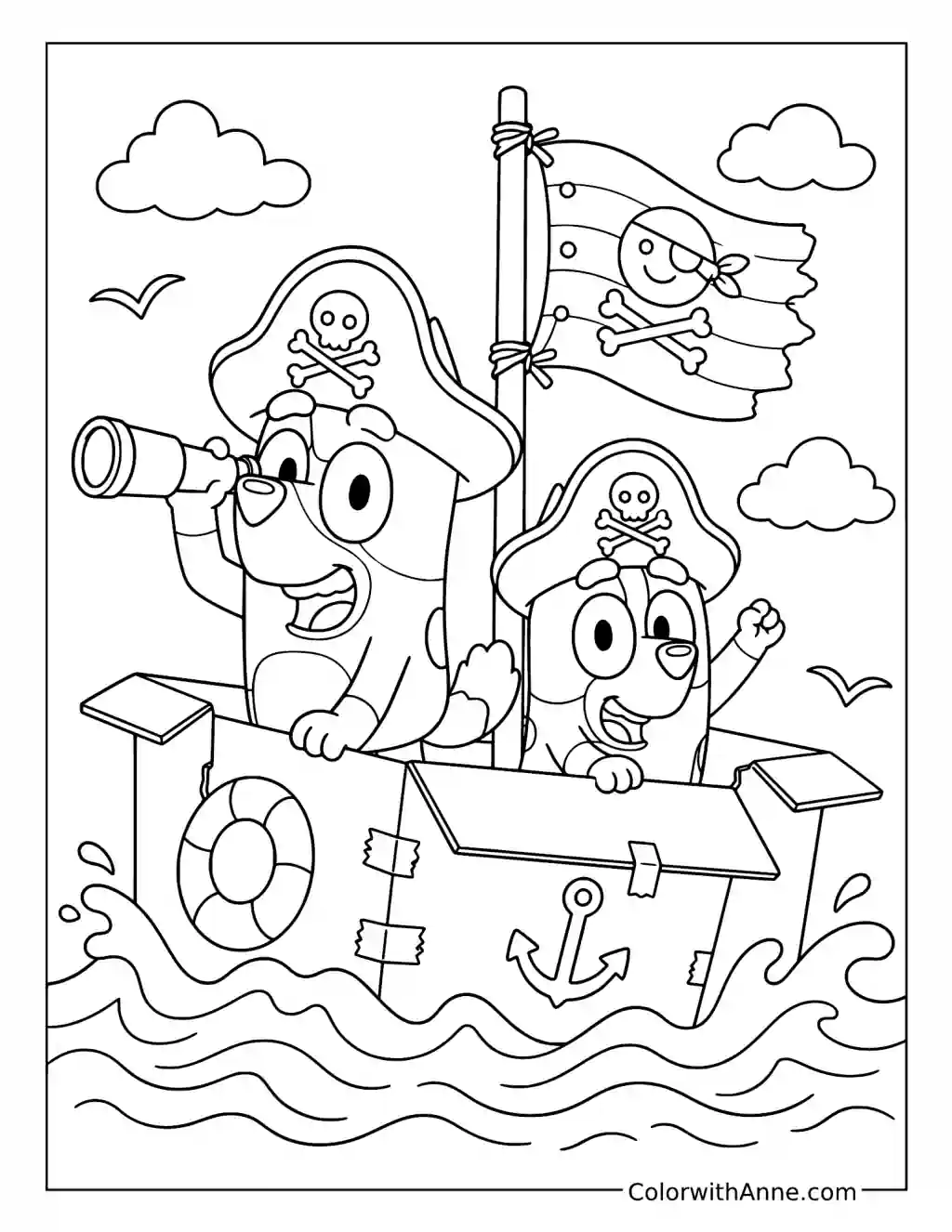 Bingo and Bluey Sailing on a Pirate Boat coloring page
